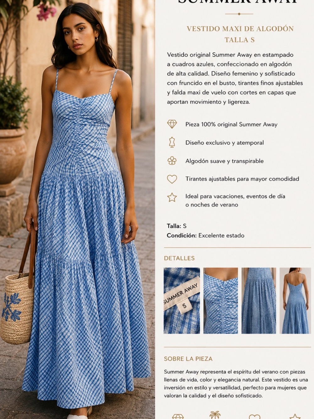 Blue Checked Cotton Maxi Dress with Adjustable Straps